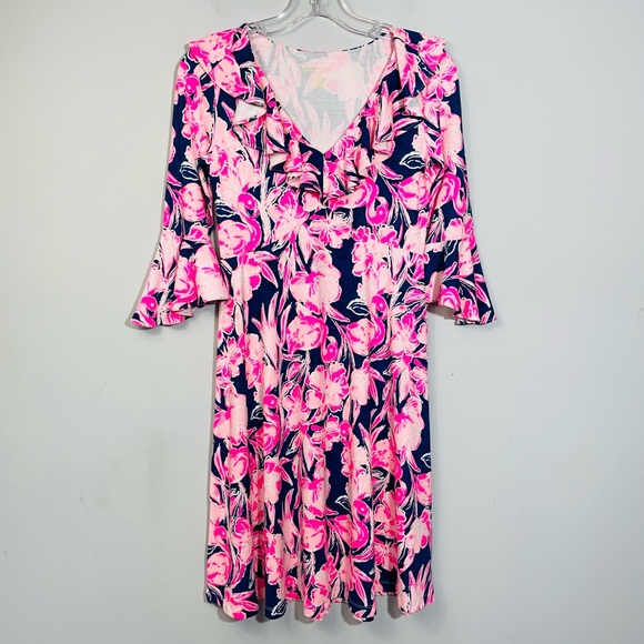 LILLY PULITZER STIRLING DRESS STYLE 001144 INKY NAVY FLAMINGLE XS RUFFLE A-LINE - Picture 5 of 14